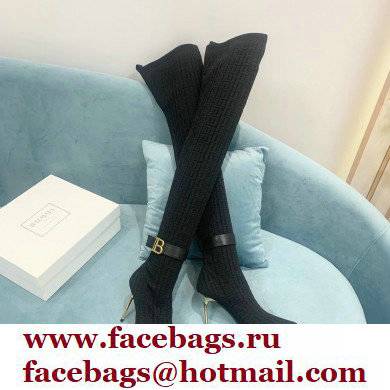 Balmain Heel 9.5cm Raven Thigh-high Boots Knit Black with Monogram Strap 2021