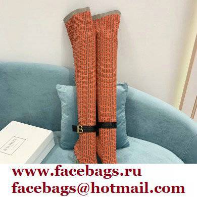 Balmain Heel 9.5cm Raven Thigh-high Boots Knit Orange with Monogram Strap 2021