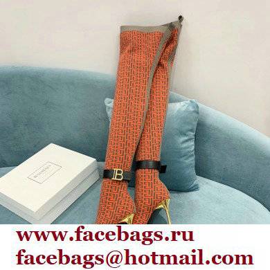 Balmain Heel 9.5cm Raven Thigh-high Boots Knit Orange with Monogram Strap 2021