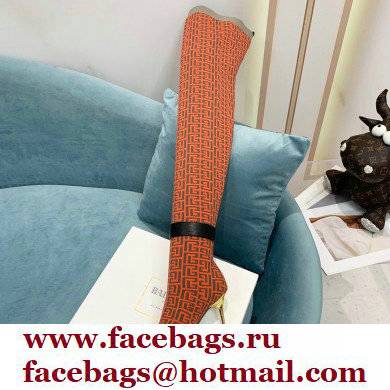 Balmain Heel 9.5cm Raven Thigh-high Boots Knit Orange with Monogram Strap 2021