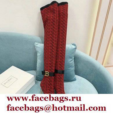 Balmain Heel 9.5cm Raven Thigh-high Boots Knit Red with Monogram Strap 2021