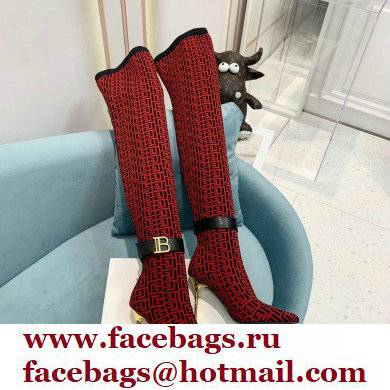 Balmain Heel 9.5cm Raven Thigh-high Boots Knit Red with Monogram Strap 2021