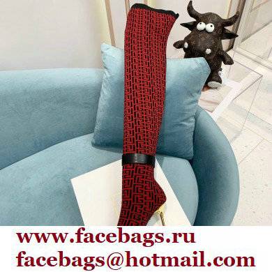 Balmain Heel 9.5cm Raven Thigh-high Boots Knit Red with Monogram Strap 2021