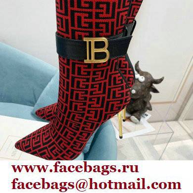 Balmain Heel 9.5cm Raven Thigh-high Boots Knit Red with Monogram Strap 2021