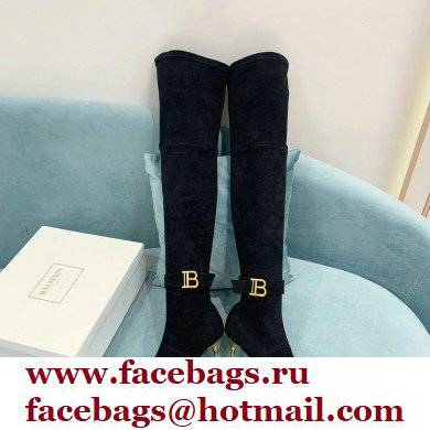 Balmain Heel 9.5cm Raven Thigh-high Boots Suede Black 2021