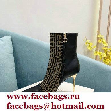 Balmain Heel 9.5cm Roni Ankle Boots Bimaterial Jacquard and Leather Black/Brown with Balmain Monogram 2021