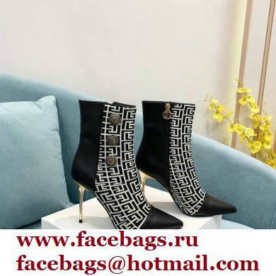 Balmain Heel 9.5cm Roni Ankle Boots Bimaterial Jacquard and Leather Black/White with Balmain Monogram 2021