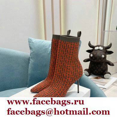 Balmain Heel 9.5cm Stretch Knit Skye Ankle Boots Orange With Balmain Monogram 2021