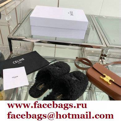 Celine Fur Slides Triomphe Closed Slippers in Shearling Black 2021