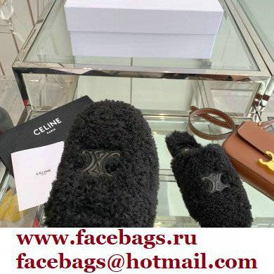 Celine Fur Slides Triomphe Closed Slippers in Shearling Black 2021