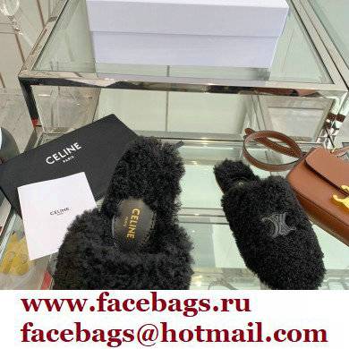 Celine Fur Slides Triomphe Closed Slippers in Shearling Black 2021