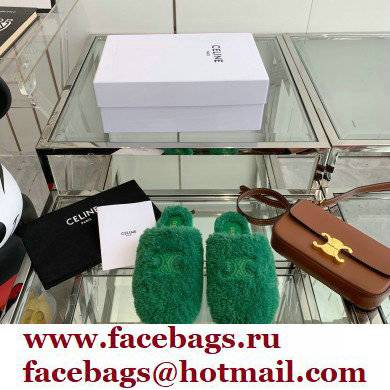 Celine Fur Slides Triomphe Closed Slippers in Shearling Green 2021