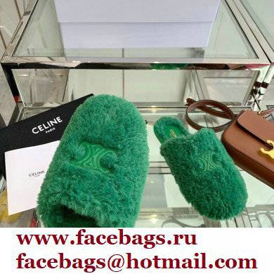 Celine Fur Slides Triomphe Closed Slippers in Shearling Green 2021