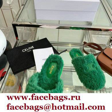 Celine Fur Slides Triomphe Closed Slippers in Shearling Green 2021