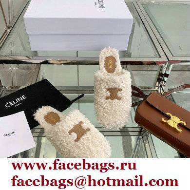 Celine Fur Slides Triomphe Closed Slippers in Shearling White 2021