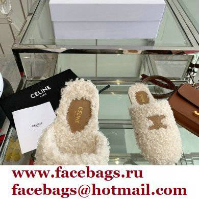 Celine Fur Slides Triomphe Closed Slippers in Shearling White 2021