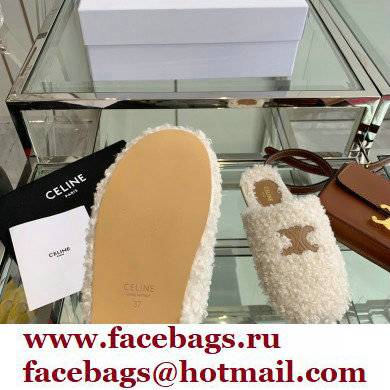 Celine Fur Slides Triomphe Closed Slippers in Shearling White 2021