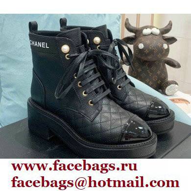 Chanel Heel 5.5cm Lace-Ups Ankle Boots G38514 Calfskin/Patent Black 2021