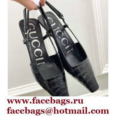 Gucci Heel 4cm Crocodile Print Slingback Pumps Black 2022