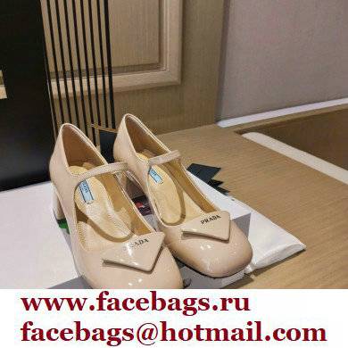 Prada Heel 5cm Triangle Logo Patent Leather Pumps Beige 2021