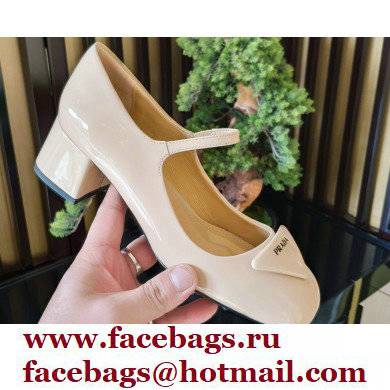 Prada Heel 5cm Triangle Logo Patent Leather Pumps Beige 2021