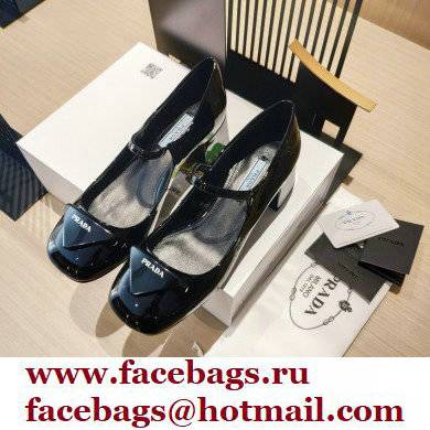 Prada Heel 5cm Triangle Logo Patent Leather Pumps Black 2021