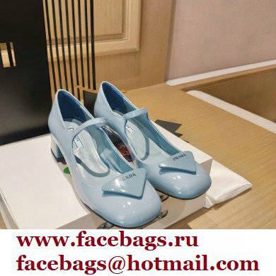 Prada Heel 5cm Triangle Logo Patent Leather Pumps Light Blue 2021