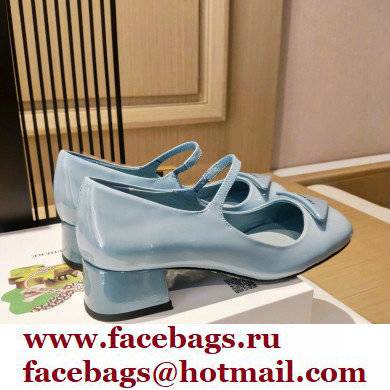 Prada Heel 5cm Triangle Logo Patent Leather Pumps Light Blue 2021