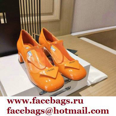 Prada Heel 5cm Triangle Logo Patent Leather Pumps Orange 2021