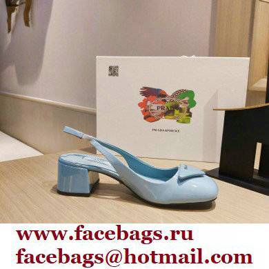 Prada Heel 5cm Triangle Logo Patent Leather Sling-back Pumps Light Blue 2021