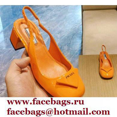 Prada Heel 5cm Triangle Logo Patent Leather Sling-back Pumps Orange 2021