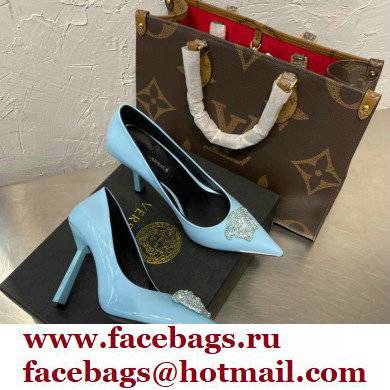 Versace Heel 9.5cm La Medusa Patent Leather Pumps Sky Blue/Silver 2021