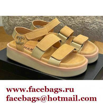 Chanel CC Logo Suede Velcro Sandals Beige 2022