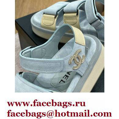 Chanel CC Logo Suede Velcro Sandals Light Blue 2022