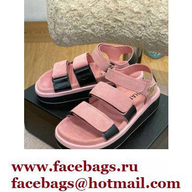 Chanel CC Logo Suede Velcro Sandals Pink 2022