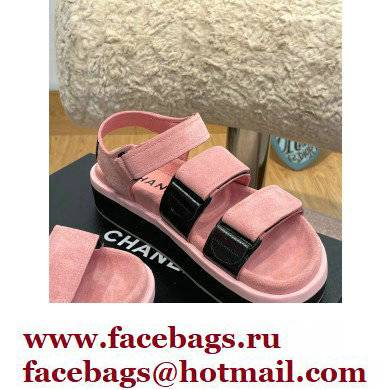 Chanel CC Logo Suede Velcro Sandals Pink 2022