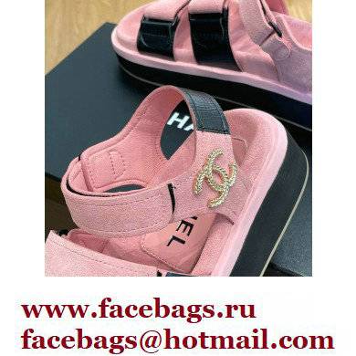 Chanel CC Logo Suede Velcro Sandals Pink 2022