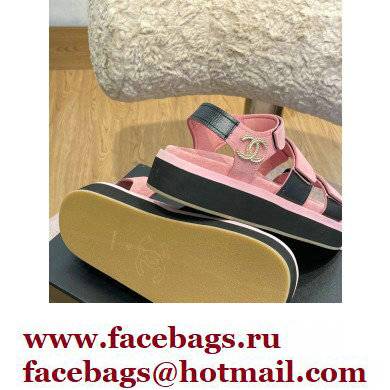 Chanel CC Logo Suede Velcro Sandals Pink 2022