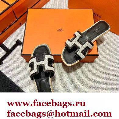 Hermes Calfskin and Canvas Oran Sandals Black/White