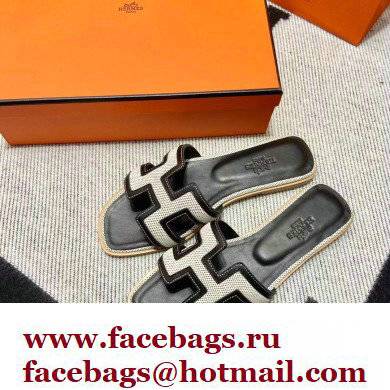 Hermes Calfskin and Canvas Oran Sandals Black/White