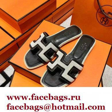 Hermes Calfskin and Canvas Oran Sandals Black/White