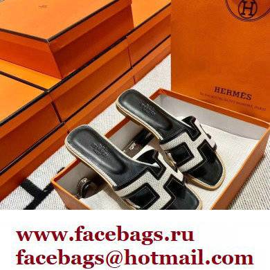 Hermes Calfskin and Canvas Oran Sandals Black/White