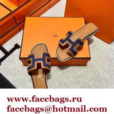 Hermes Calfskin and Canvas Oran Sandals Brown/Denim Blue