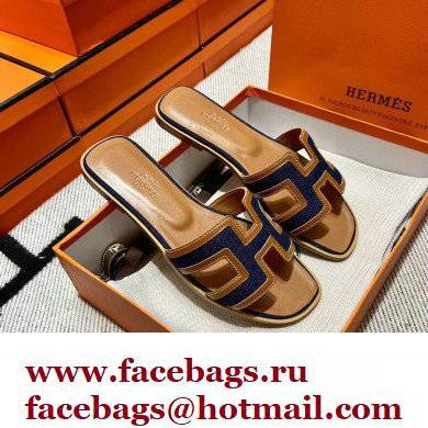 Hermes Calfskin and Canvas Oran Sandals Brown/Denim Blue