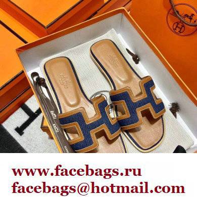 Hermes Calfskin and Canvas Oran Sandals Brown/Denim Blue