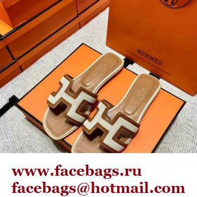 Hermes Calfskin and Canvas Oran Sandals Brown/White