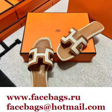 Hermes Calfskin and Canvas Oran Sandals Brown/White