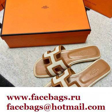 Hermes Calfskin and Canvas Oran Sandals Brown/White