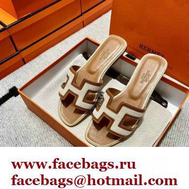 Hermes Calfskin and Canvas Oran Sandals Brown/White