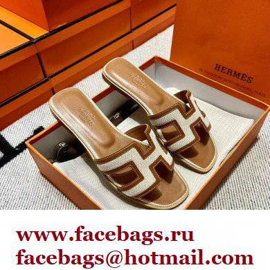 Hermes Calfskin and Canvas Oran Sandals Brown/White